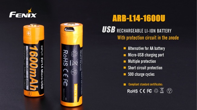 Fenix 14500 - 1600mAh - Micro-USB Rechargeable Battery - ARB-L 14-1600U