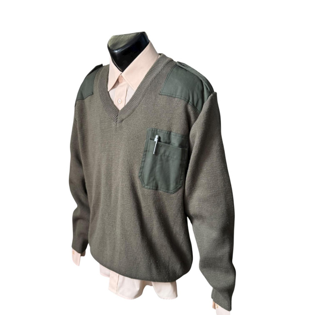 V-Neck Sweater with Epaulettes - Romanian Army Military Surplus - OD Green - In Good Condition