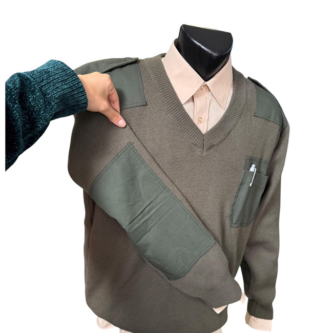 V-Neck Sweater with Epaulettes - Romanian Army Military Surplus - OD Green - In Good Condition