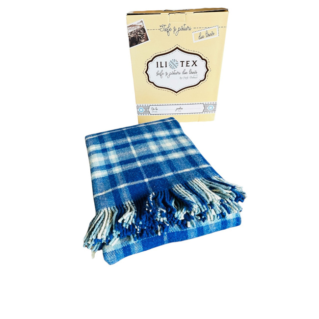 Merino Wool Blanket with Fringes and Premium Gift Box - Elena Model - Blue/White Checkered - 150 x 200 + 20 cm
