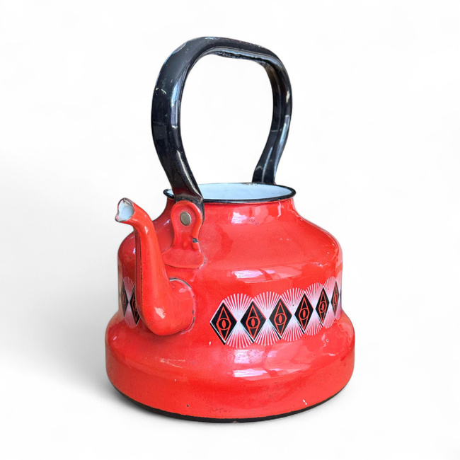 ZOMÁNCOS TEAKANNA FEDŐ NÉLKÜL - VINTAGE - RUSZTIKUS MINTÁVAL - ROMÁN HADSEREG KATONAI FÖLÖSLEG - PIROS - JÓ ÁLLAPOTBAN