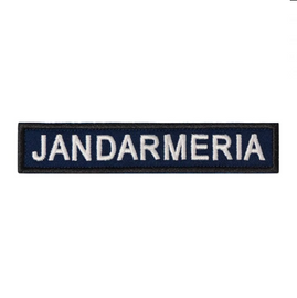 Ecuson "JANDARMERIA" piept, pe suport albastru royal și aplicare termică - 15x5 cm