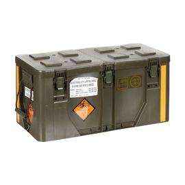 KEMÉNY MŰANYAG SZÁLLÍTÓ DOBOZ - KATONAI FELESLEG OLASZ HADSEREG - ZÖLD OD - HASZNÁLT