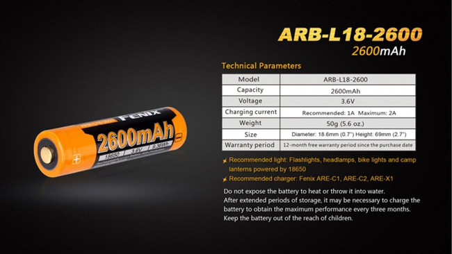 18650 Fenix - 2600mAh - Tölthető akkumulátor - ARB-L 18-2600