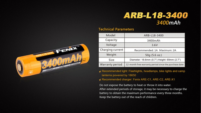 18650 Phoenix - 3400mAh - Tölthető akkumulátor - ARB-L 18-3400