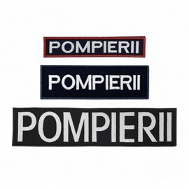 Emblema spate - POMPIERII - brodata pe suport negru cu contur rosu si text vernil fluorescent - aplicare Velcro (cu scai) - 20x5 cm