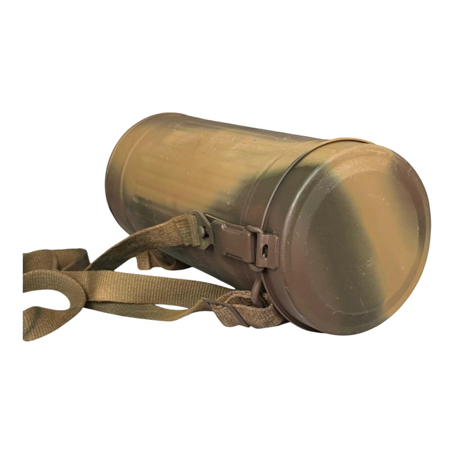 STEEL BOX FOR GAS MASK - WITH STRAP - MILITARY SURPLUS GERMAN ARMY - WWII - REPRO - PAINTED CAMOUFLAGE 3 COLORS (NORMANDY)