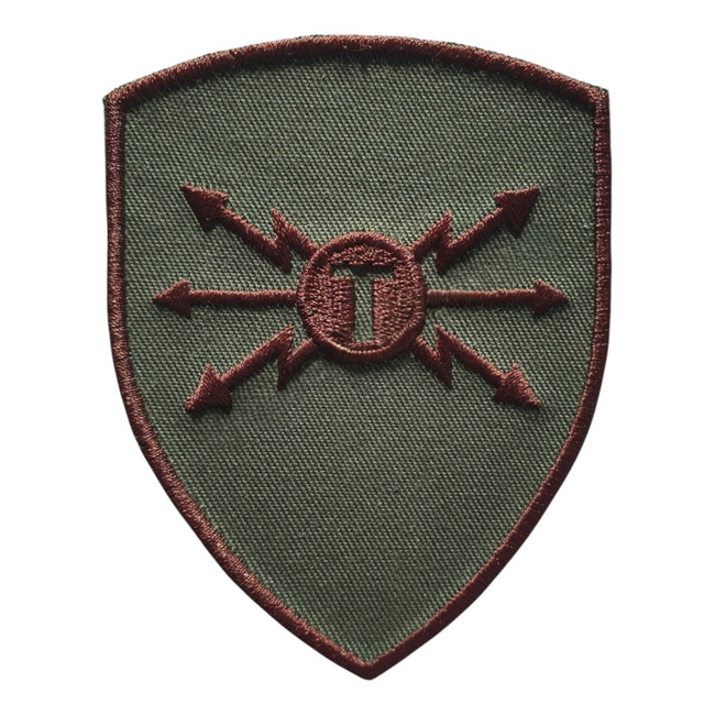 EMBLEMA SEMN DE ARMA MANECA SCUT - COMUNICATII SI INFORMATICA - BRODATA PE SUPORT KAKI CU FIR MARO