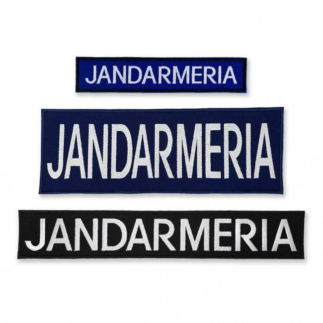 Emblemă "JANDARMERIA" spate, pe suport bleumarin și aplicare tip Velcro (cu scai) - 20x5 cm