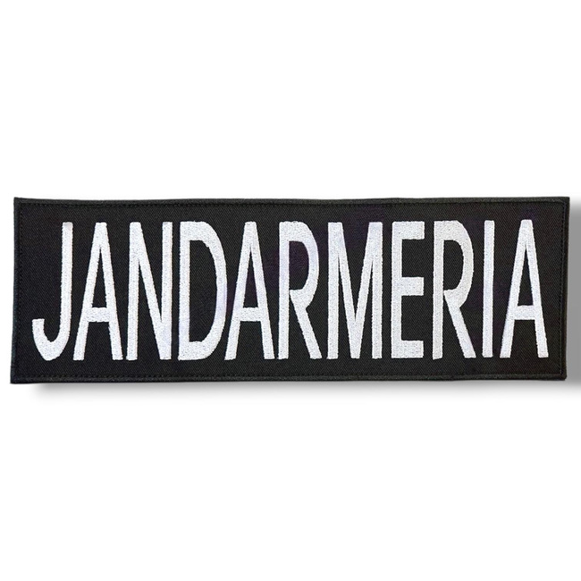 Emblemă "JANDARMERIA" spate, pe suport negru și aplicare tip Velcro (cu scai) - 24x8 cm