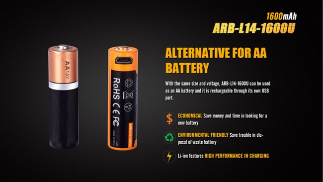 Fenix ​​14500 - 1600mAh - Micro USB akkumulátor - ARB neki 14-1600U