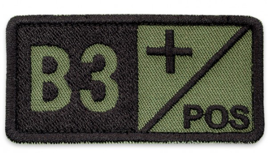 Ecuson grupa sangina B3+ pozitiv, brodat pe suport verde oliv cu fir negru - aplicare Velcro (cu scai) - 7 x 3,5 cm