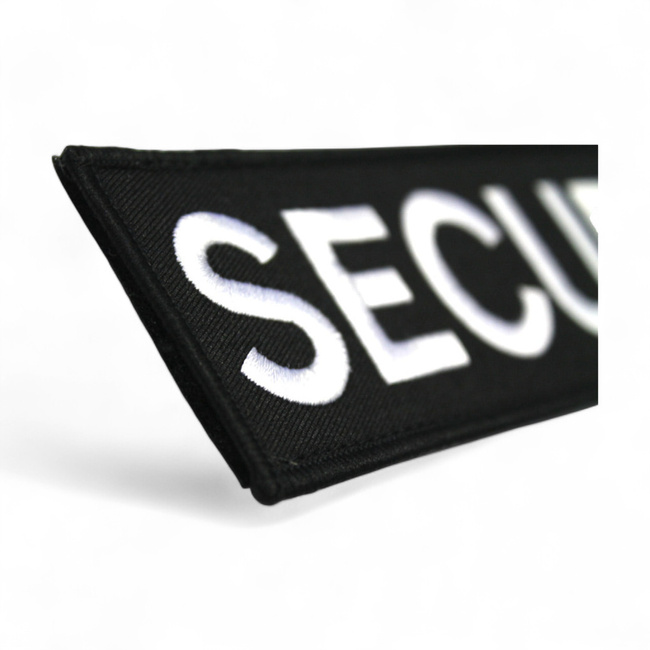 Nagy Hát Patch – Hímzett SECURITY Felirat – 25x10 cm – Fekete Alap / Fehér Szöveg – Tépőzáras Rögzítés
