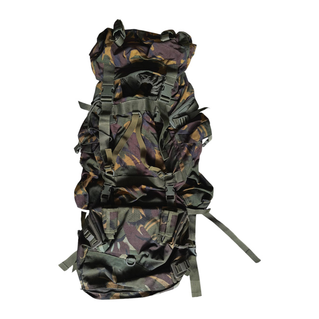 BIG MILITARY COMBAT BACKPACK WITH POCKET, DETACHABLE OUTER POUCH - MOTEXCO - 90L - MILITARY SURPLUS ROMANIAN ARMY - CAMOUFLAGE MOSAIC FOREST DPM - IN GOOD CONDITION