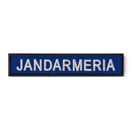 Ecuson "JANDARMERIA" piept, pe suport albastru royal și aplicare  tip Velcro (cu scai) - 15x5 cm