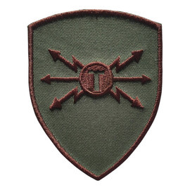 EMBLEMA SEMN DE ARMA MANECA SCUT - COMUNICATII SI INFORMATICA - BRODATA PE SUPORT KAKI CU FIR MARO