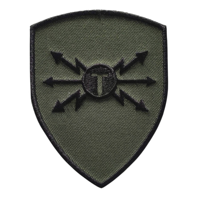 EMBLEMA SEMN DE ARMA MANECA SCUT - COMUNICATII SI INFORMATICA - BRODATA PE SUPORT KAKI CU FIR NEGRU