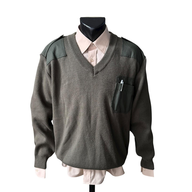 V-Neck Sweater with Epaulettes - Romanian Army Military Surplus - OD Green - In Good Condition