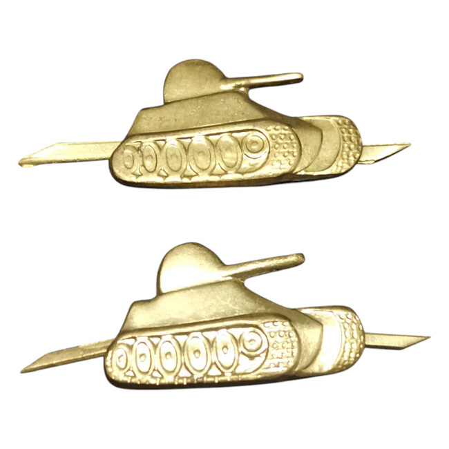 PAIR OF RANK INSIGNIA - TANKS - ROMANIAN ARMY MILITARY SURPLUS - GOLDEN - IN GOOD CONDITION