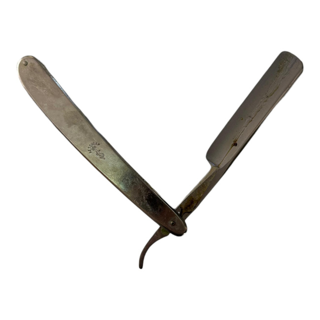 Klasszikus borbélyborotva AESCULAP gravírozással - Egyenes borotva Vintage - Román felesleg - Gyűjtői tárgy