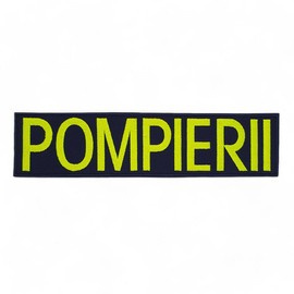 Emblema spate - POMPIERII - brodata pe suport albastru inchis (navy) cu contur bleumarin si text vernil fluorescent - aplicare prin coasere - 24x7 cm
