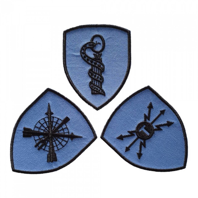 EMBLEMA SEMN DE ARMA MANECA SCUT - INFORMATII PENTRU APARARE - BRODATA PE SUPORT COMBAT ALBASTRU FORTE AERIENE CU FIR NEGRU