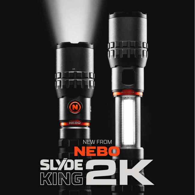 Nebo Slyde King 2k LED-es zseblámpa / munkalámpa, elemmel működő, 2000lm, 2 fényerősség, fehér / piros fény, alumínium, IP67, szürke