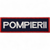 Emblema spate - POMPIERII - brodata pe suport albastru inchis (navy) cu contur rosu si text alb - aplicare termica - 20x5 cm