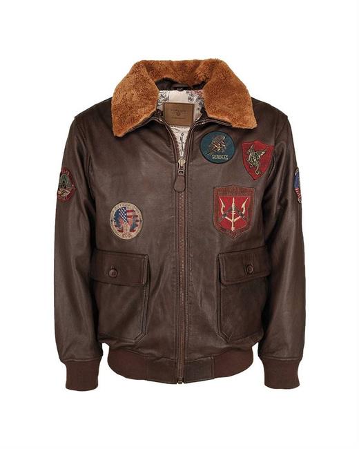 TOP GUN LEATHER FLIGHT JACKET - WITH FUR COLLAR - BROWN - MIL-TEC
