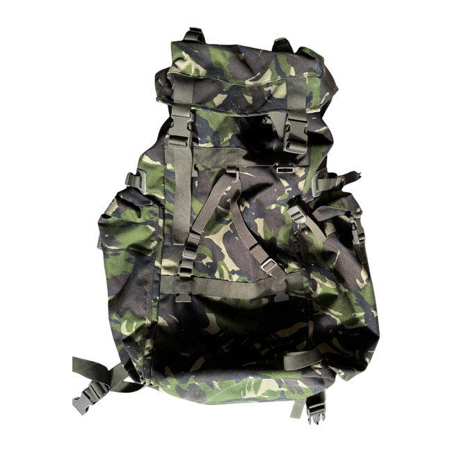 BIG MILITARY COMBAT BACKPACK WITH POCKET, DETACHABLE OUTER POUCH - MOTEXCO - 90L - MILITARY SURPLUS ROMANIAN ARMY - CAMOUFLAGE MOSAIC FOREST DPM - IN GOOD CONDITION