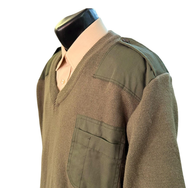 V-Neck Sweater with Epaulettes - Romanian Army Military Surplus - OD Green - In Good Condition
