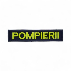 Ecuson POMPIERII piept cu text vernil fluorescent si contur rosu - aplicare termica - 12,5x2,5 cm