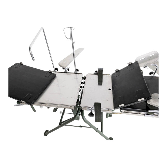 Összecsukható műtőasztal - 3 MT modell, 1974 - Rozsdamentes acél - Olívazöld - Svéd Katonai Felesleg - Újszerű / Gyűjtői darab