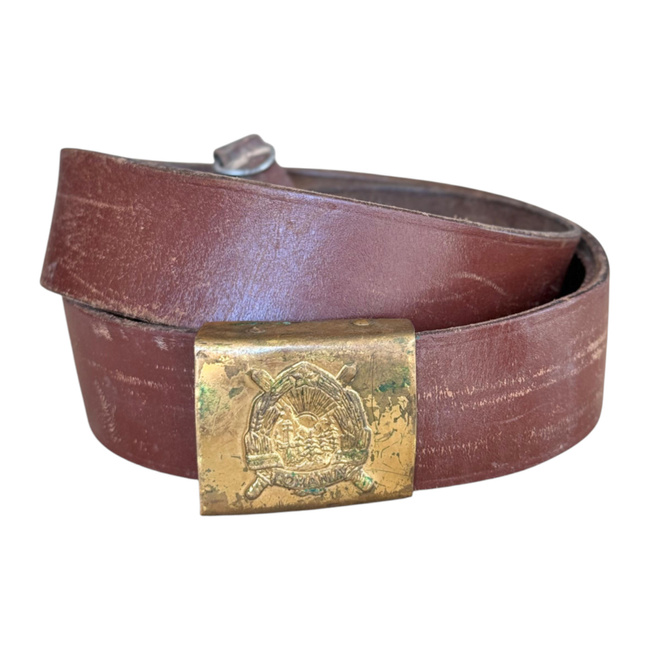 LEATHER BELT WITH GOLDEN BUCKLE - MILITARY SURPLUS ROMANIAN ARMY - USED