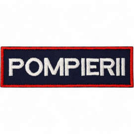 Emblema spate - POMPIERII - brodata pe suport negru cu contur rosu si text alb - aplicare prin coasere - 20x5 cm