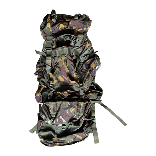 BIG MILITARY COMBAT BACKPACK WITH POCKET, DETACHABLE OUTER POUCH - MOTEXCO - 90L - MILITARY SURPLUS ROMANIAN ARMY - CAMOUFLAGE MOSAIC FOREST DPM - IN GOOD CONDITION