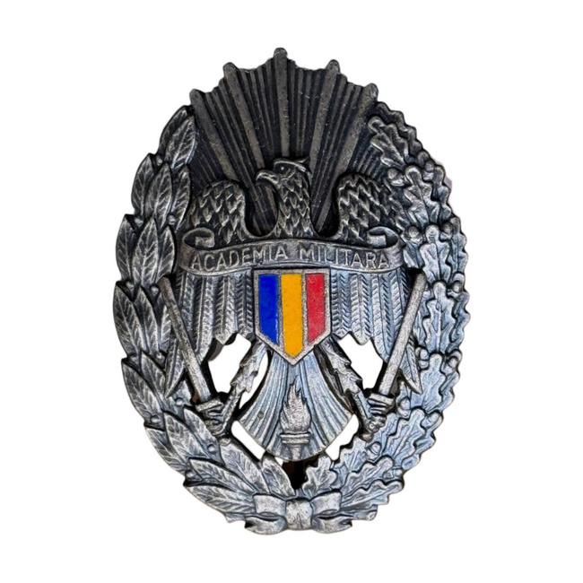 MILITARY TECHNICAL ACADEMY BADGE - INSERTED - POST 1990 MODEL - ROMANIAN ARMY MILITARY SURPLUS - SILVER PLATED METAL - IN GOOD CONDITION