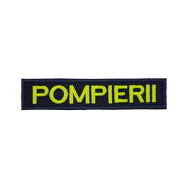 Ecuson POMPIERII piept - brodata pe suport negru cu contur bleumarin si text vernil fluorescent - aplicare termica - 10x2,5 cm