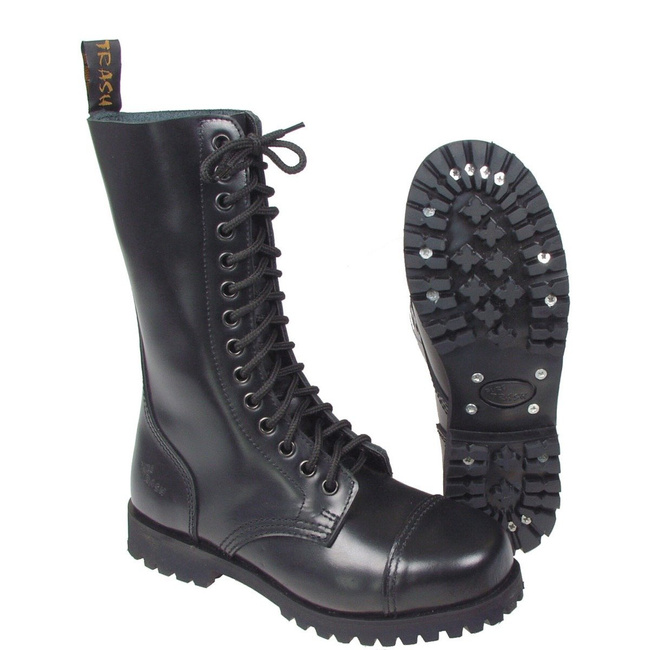 Pure Trash boots with 14 holes, steel toecap and screws on sole, black