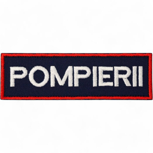 Emblema spate - POMPIERII - brodata pe suport albastru inchis (navy) cu contur rosu si text alb - aplicare prin coasere - 28x10 cm
