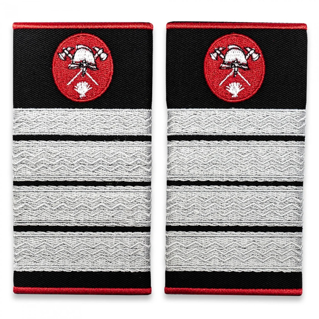 Grade Plutonier Adjutant Șef Pompieri ISU, IGSU țesute pe suport textil din tercot lipit, cu semn de armă metalic