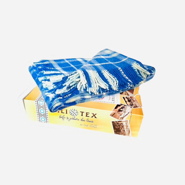 Merino Wool Blanket with Fringes and Premium Gift Box - Elena Model - Blue/White Checkered - 150 x 200 + 20 cm