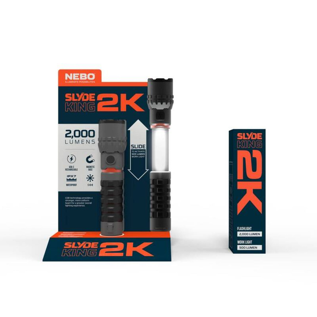 Nebo Slyde King 2k LED-es zseblámpa / munkalámpa, elemmel működő, 2000lm, 2 fényerősség, fehér / piros fény, alumínium, IP67, szürke