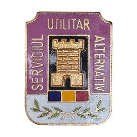 METAL BADGE - ALTERNATIVE UTILITARY SERVICE - ROMANIAN ARMY MILITARY SURPLUS -  GOLDEN