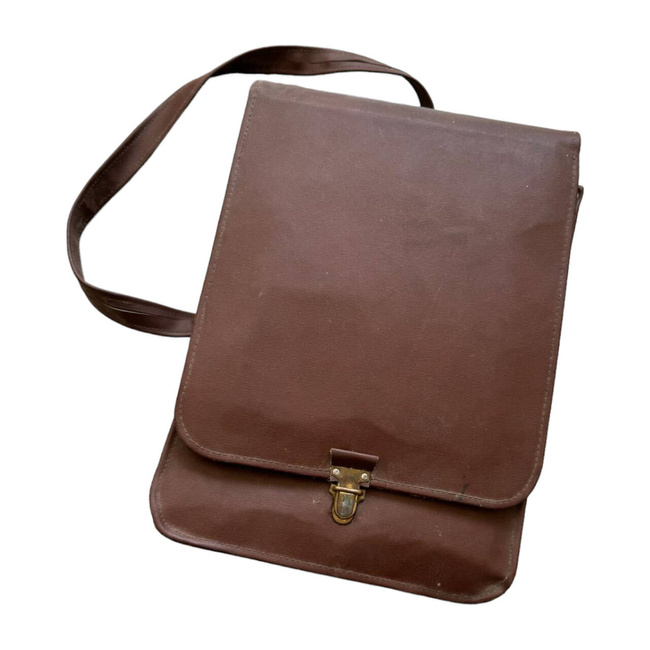 IMITATION LEATHER BAG WITH CONTENTS - MILITARY SURPLUS ROMANIAN ARMY - BROWN - IN GOOD CONDITION