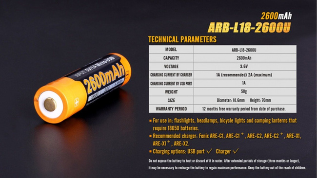 Fenix 18650 - 2600mAh - Micro-USB Rechargeable Battery - ARB-L 18-2600U