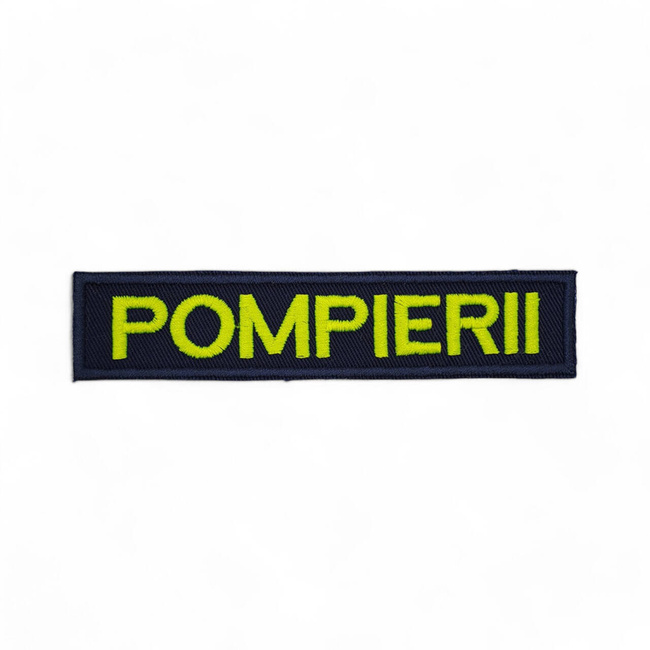 Ecuson POMPIERII piept cu text vernil fluorescent si contur rosu - aplicare prin coasere - 12,5x2,5 cm