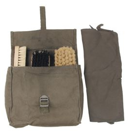 BW shoe polish bag, od green, used, with 3 brushes