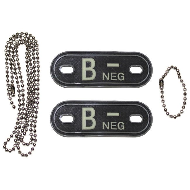 Blood Group Marker, chains, dog tags, phosphorescent, "B NEG", 3D