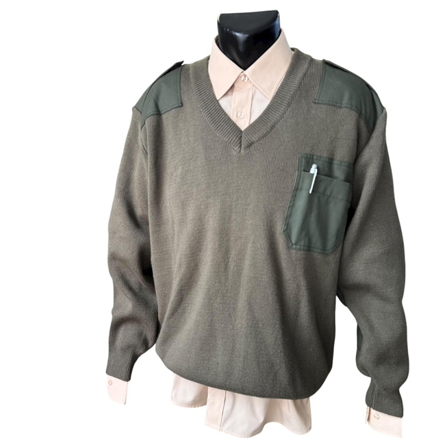 V-Neck Sweater with Epaulettes - Romanian Army Military Surplus - OD Green - In Good Condition